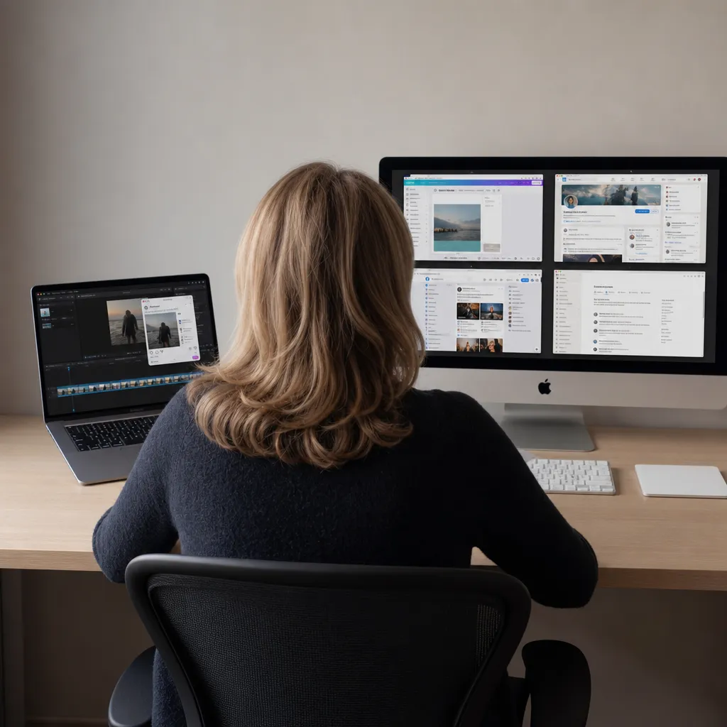 Eine Frau von hinten an ihrem Schreibtisch, vor sich ein großer Bildschirm mit mehreren Social-Media-Kanälen und ein Laptop mit einem Videoschnittprogramm.
