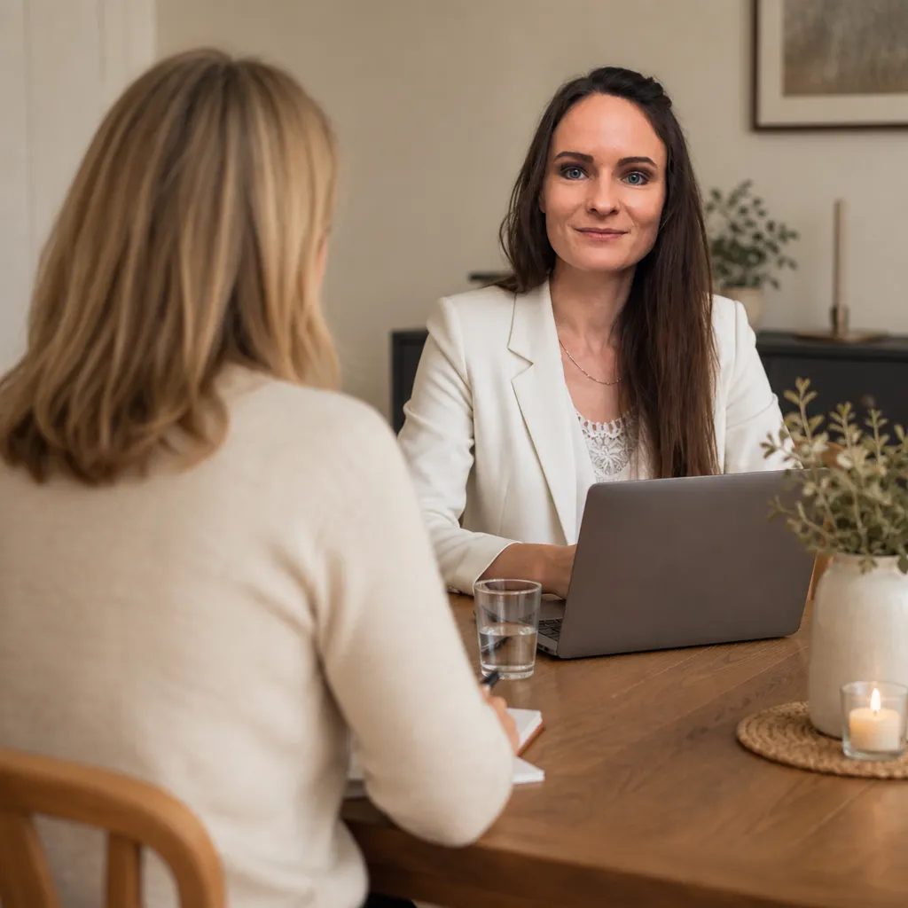 Zwei Frauen sitzen sich an einem Holztisch gegenüber, zwischen ihnen ein Laptop, ein Wasserglas und ein Notizblock.